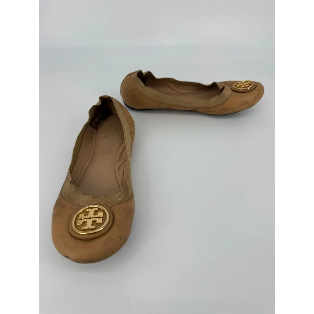 Tory Burch Reva Ballet Flats Size 7.5M Tan Leather Gold Logo Classic Preppy Chic